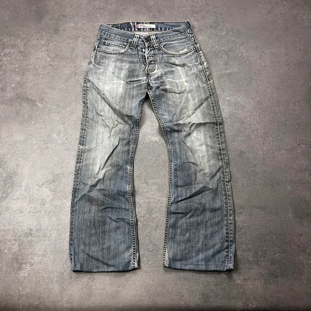 Vintage Levi's 512 Bootcut Jeans Herren W28 L30 Heavy Distressed Blau/Grau 2000s