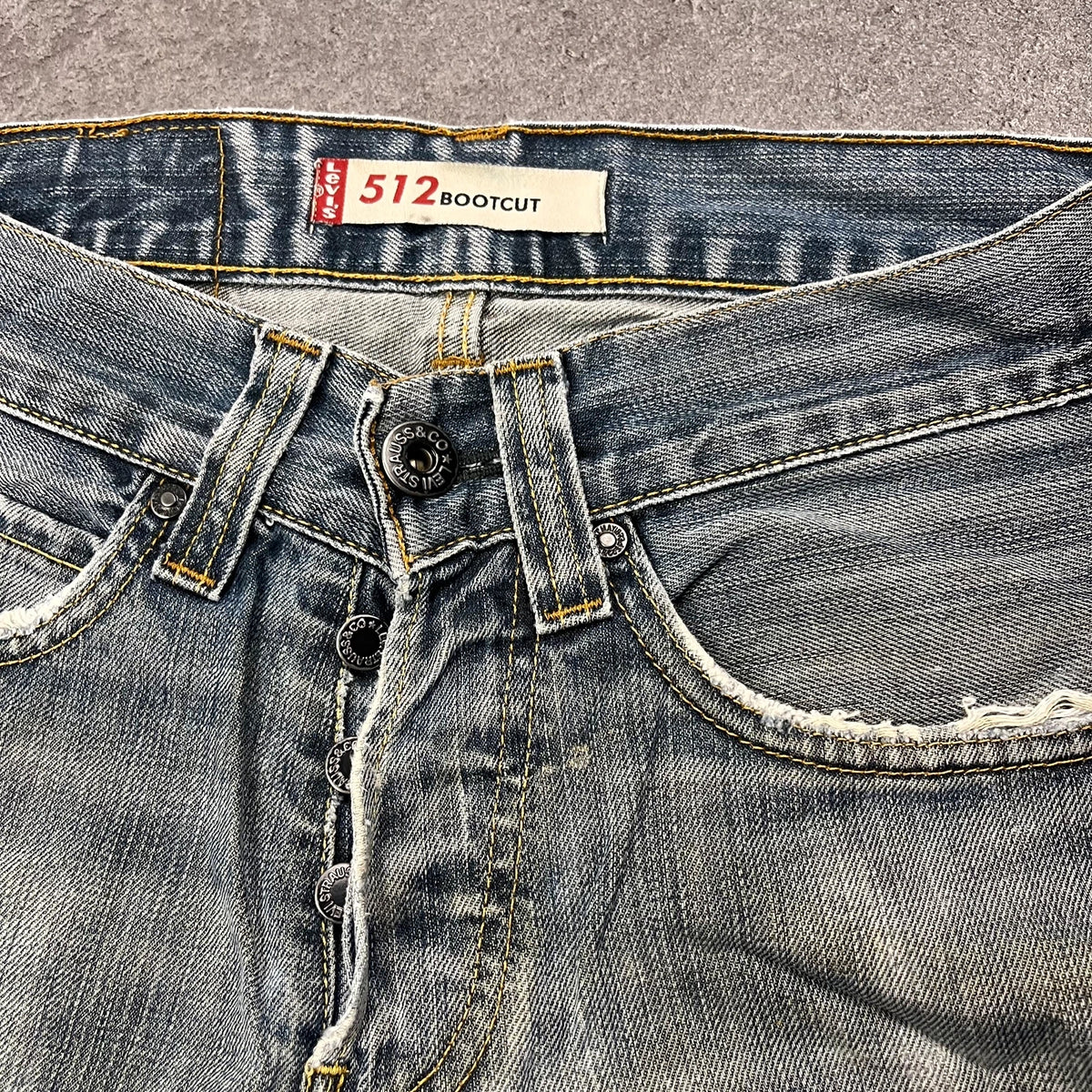 Vintage Levi's 512 Bootcut Jeans Herren W28 L30 Heavy Distressed Blau/Grau 2000s