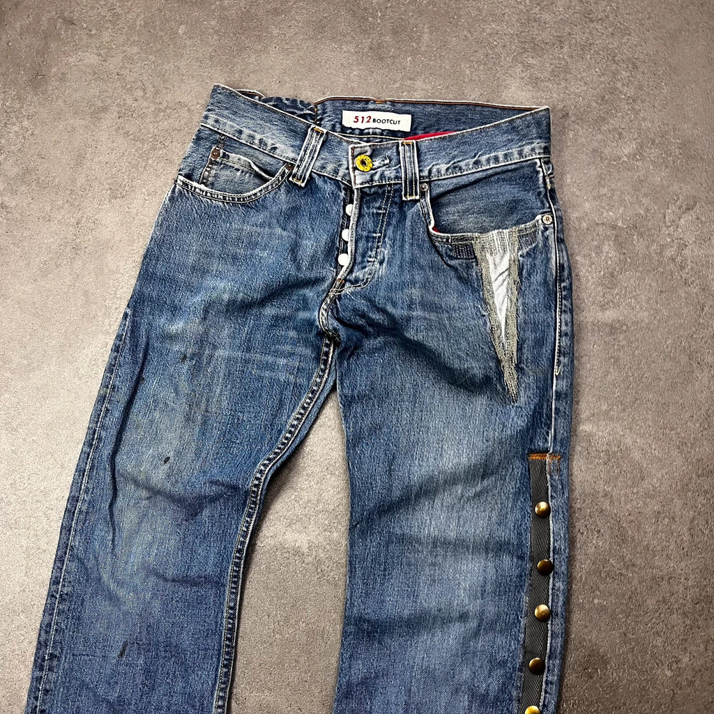 Vintage Levi's 512 Bootcut Custom W29 L28 mit Druckknopf-Leiste und rotem Futter – Ansicht 3