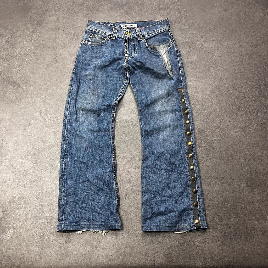 Vintage Levi's 512 Bootcut Custom W29 L28 mit Druckknopf-Leiste und rotem Futter