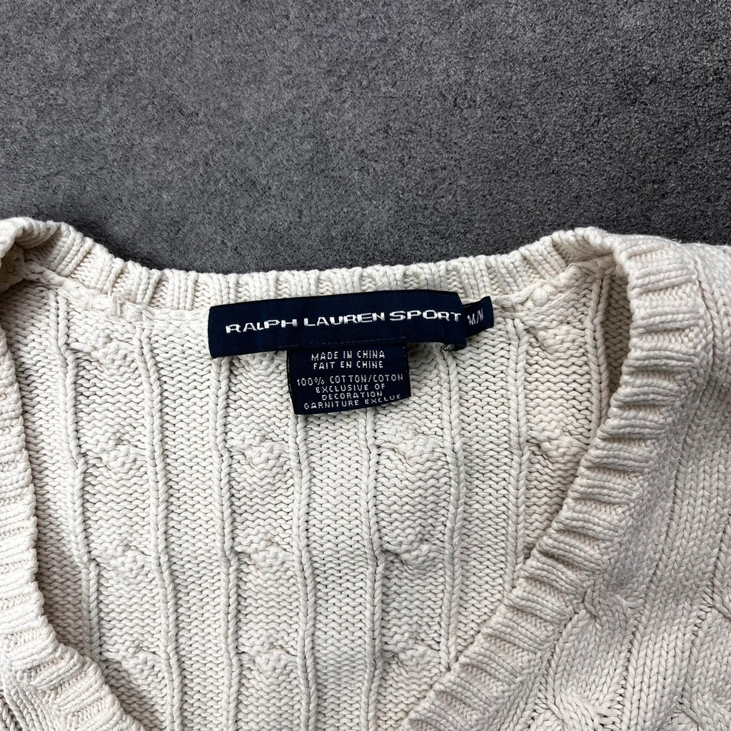 Vintage Ralph Lauren Sport Cable Knit Pullover Damen Gr. M Creme V-Ausschnitt – Ansicht 3