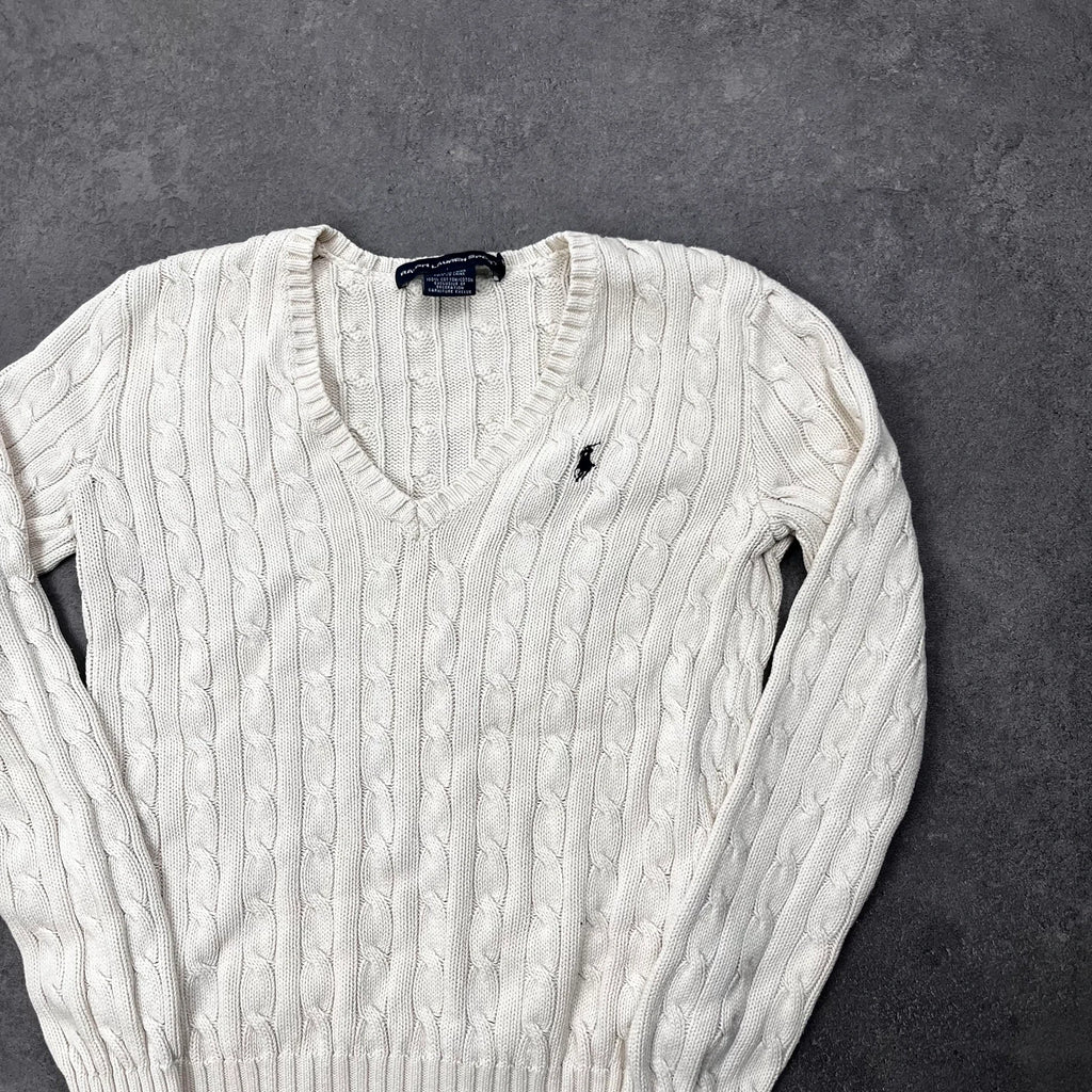 Vintage Ralph Lauren Sport Cable Knit Pullover Damen Gr. M Creme V-Ausschnitt – Ansicht 2