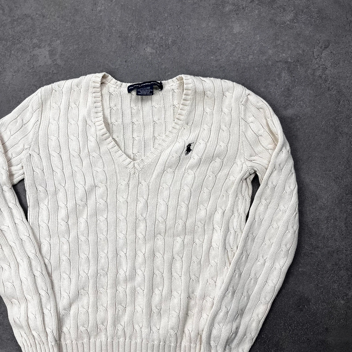 Vintage Ralph Lauren Sport Cable Knit Pullover Damen Gr. M Creme V-Ausschnitt – Ansicht 2