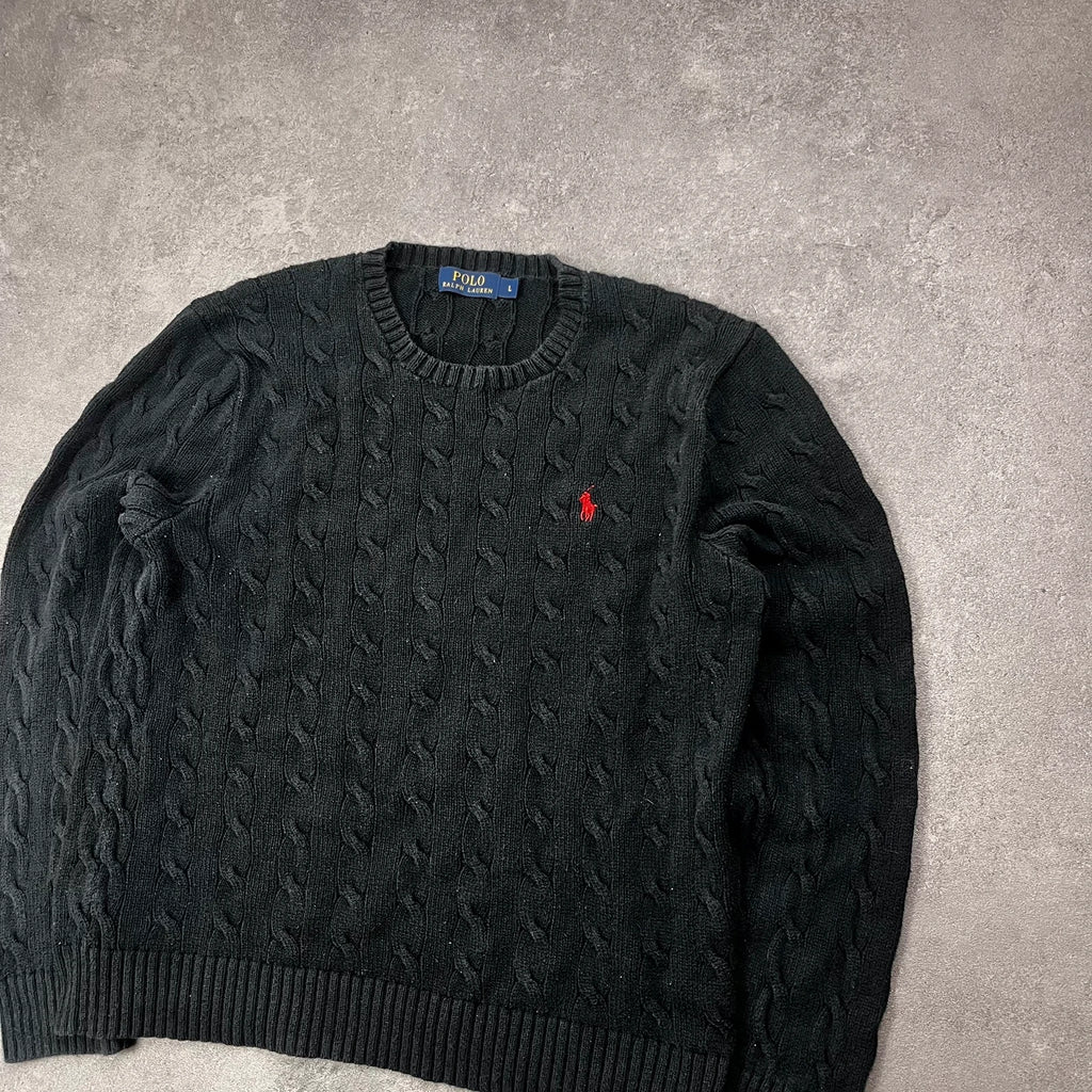 Vintage Polo Ralph Lauren Cable Knit Pullover Herren Gr. L Schwarz Zopfmuster – Ansicht 2