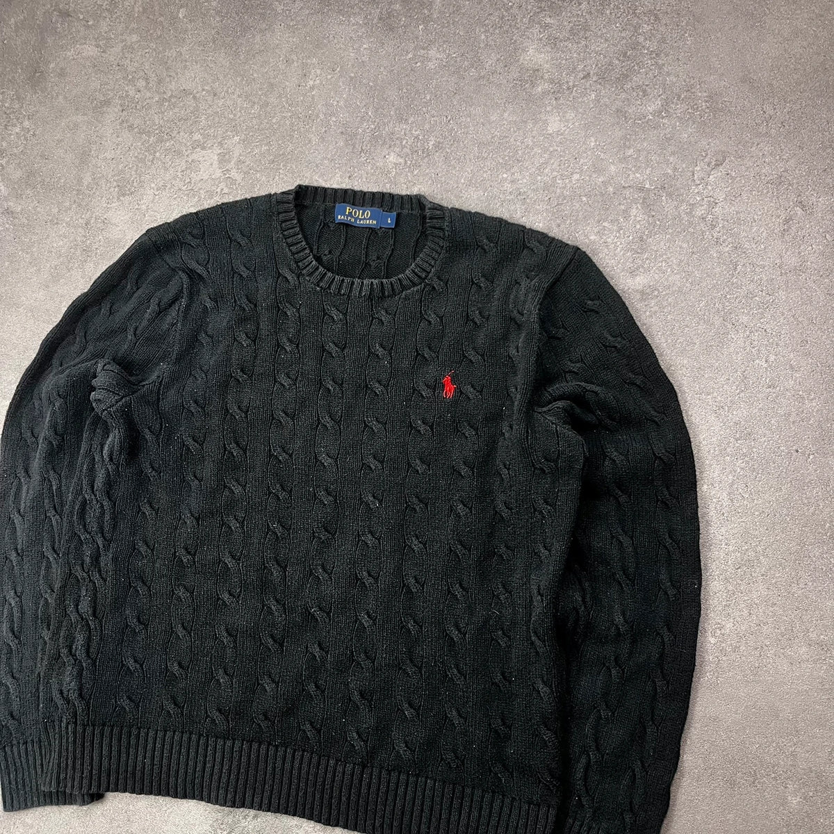 Vintage Polo Ralph Lauren Cable Knit Pullover Herren Gr. L Schwarz Zopfmuster – Ansicht 2