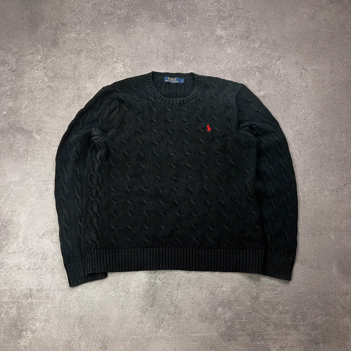 Vintage Polo Ralph Lauren Cable Knit Pullover Herren Gr. L Schwarz Zopfmuster
